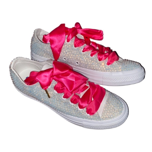 White Opal Crystal Low Top Converse Sizes 5-14 New In Box With Ribbon Laces - Picture 3 of 13